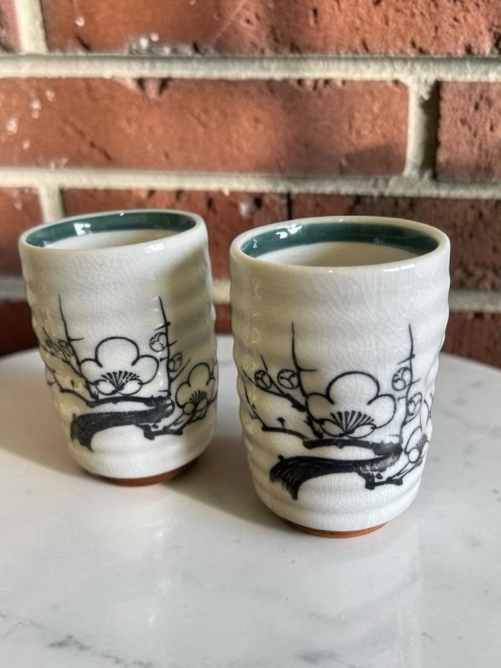 Vintage Japanese Yunomi Teacups - Hand Painted Plum Blossom White Crack Set of 2